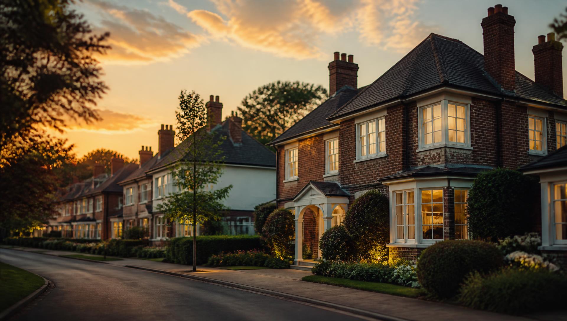 Tree-lined street of British family homes at golden hour