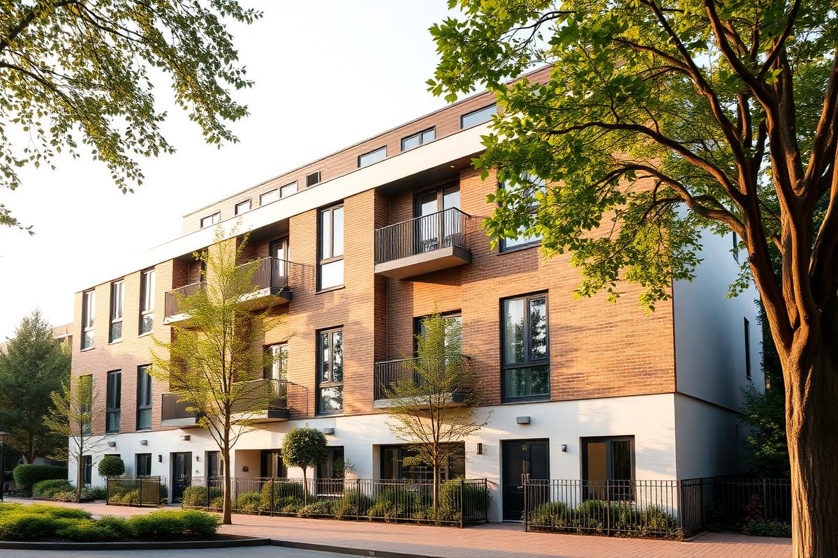 Modern brick apartment building on a tree-lined street