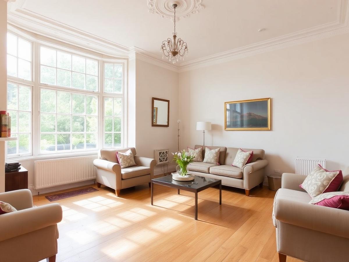 Period living room with bay sash windows