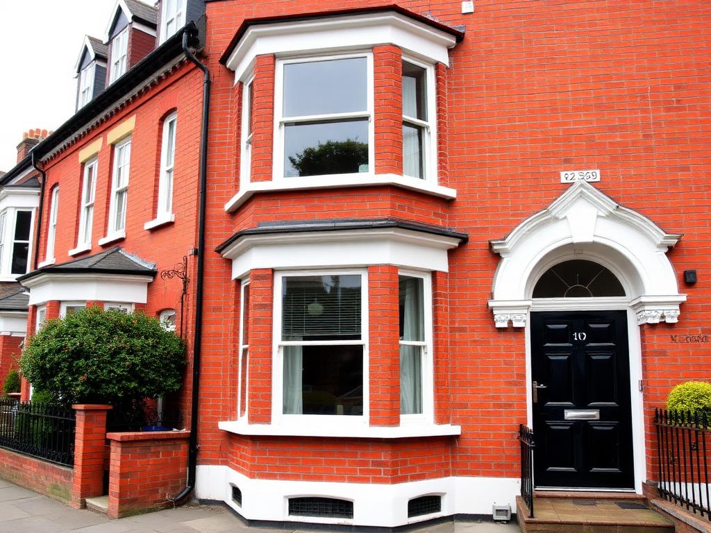 Victorian red-brick terraced house with bay window and black front door