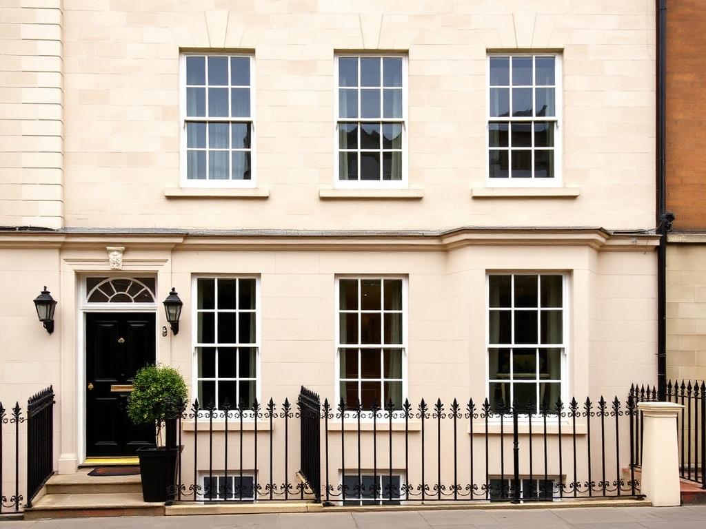 Georgian townhouse with sash windows, stone facade and iron railings