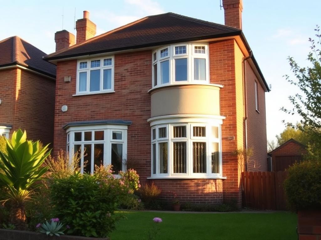 1930s semi-detached suburban house with bay windows and front garden