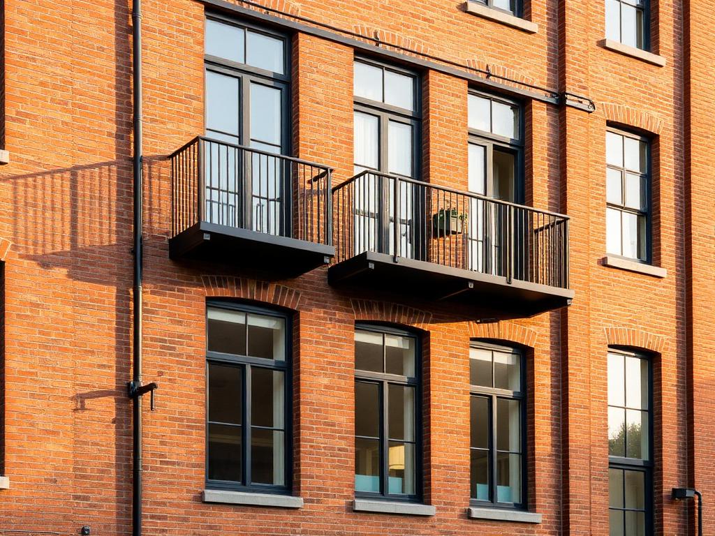 Converted warehouse apartment building in brick with steel windows and balconies