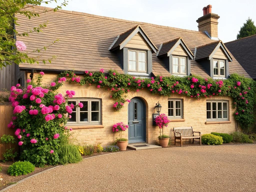 Stone country cottage with slate roof, climbing roses and gravel drive